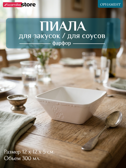 Пиала квадратная 12х5 см. 300 мл. для закусок, фарфоровая коллекция "Орнамент"
