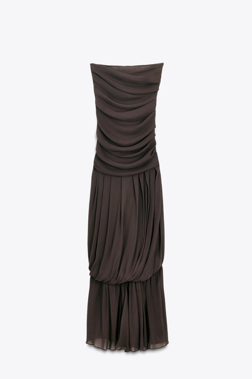 ZARA ДЛИННОЕ ПЛАТЬЕ БЕЗ БРЕТЕЛЕЙ СО СБОРКАМИ LIMITED EDITION, КОРИЧНЕВЫЙ