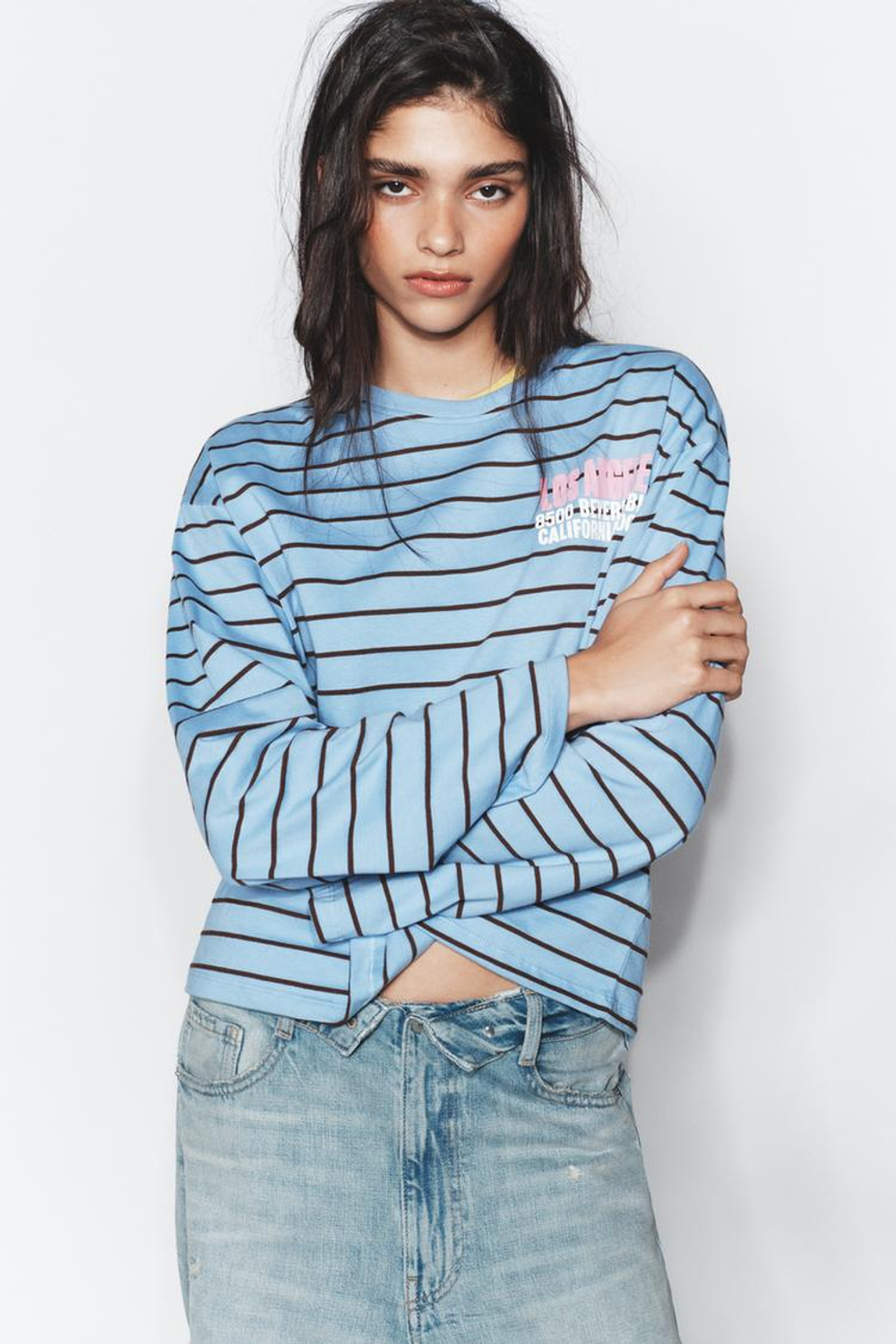 ZARA ФУТБОЛКА В ПОЛОСКУ С НАДПИСЬЮ, СИНИЙ