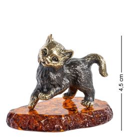 Народные промыслы AM-1048 Фигурка «Котик игривый» (латунь, янтарь)