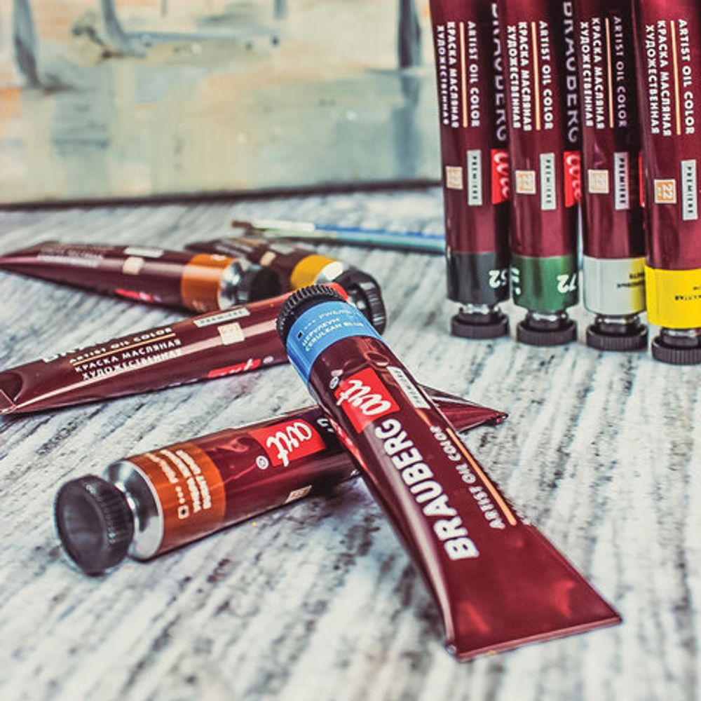 Краски масляные художественные BRAUBERG ART PREMIERE, 12 цв по 22 мл, проф. серия, в тубах, 191458