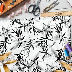 Ткань габардин тонкая китайская листва на белом фоне
