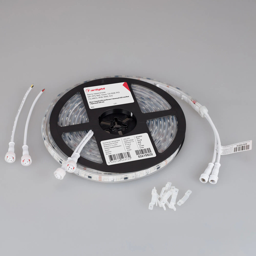 Светодиодная лента герметичная SPI-PFS-B60-12mm 12V RGB-PX3 (14.4W/m, IP68, 5060, 5m) (Arlight, бегущий огонь) 026155(3)
