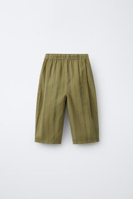 ZARA БРЮКИ В ПОЛОСКУ ИЗ ХЛОПКА И ЛЬНА, ХАКИ