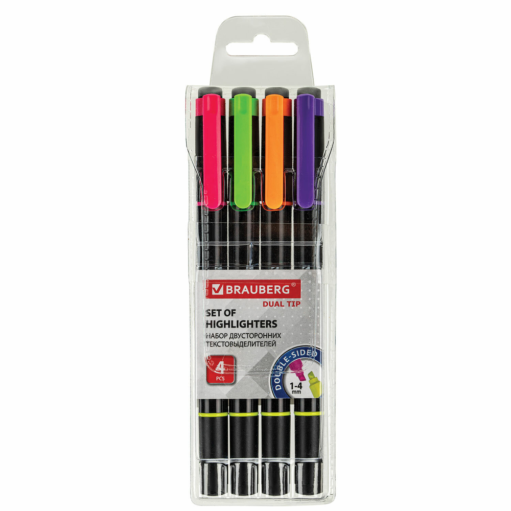 набор текстовыделителей двусторонних BRAUBERG DUAL TIP 4 шт. ассорти линия 1-4 мм (4 штуки в упаковке)