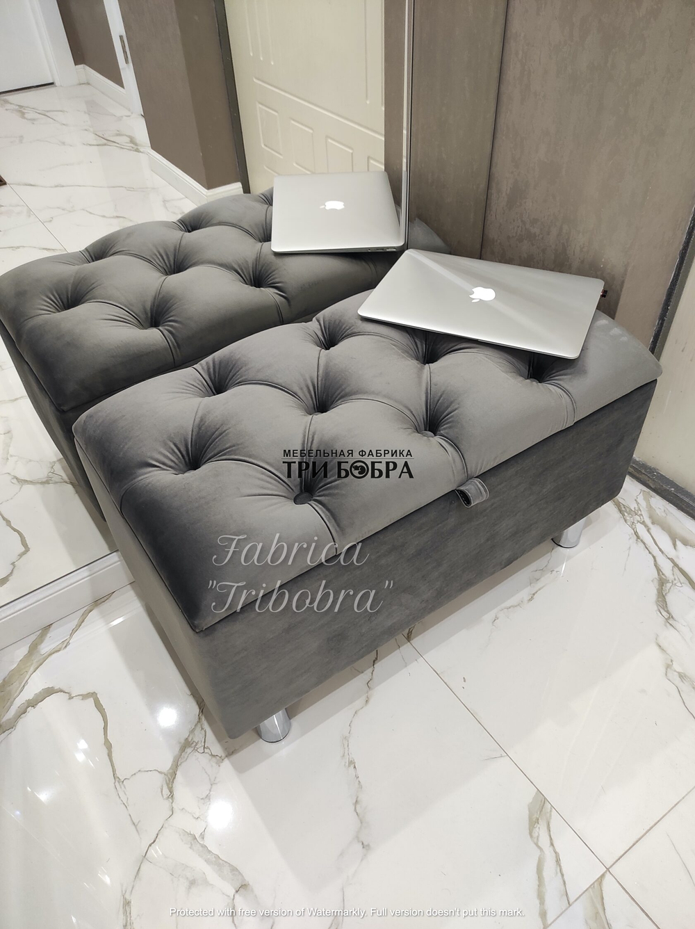 Банкетка серый ВЕЛЮР с нишей для хранения