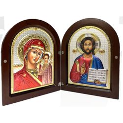 Казанская икона и Иисус Христос Спаситель. Венчальная пара в серебряном окладе в складне.