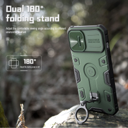 Чехол зеленого цвета (Dark Green) для iPhone 14 и 13 от Nillkin серия CamShield Armor Pro, с металлическим поворотным кольцом и защитной шторкой для камеры