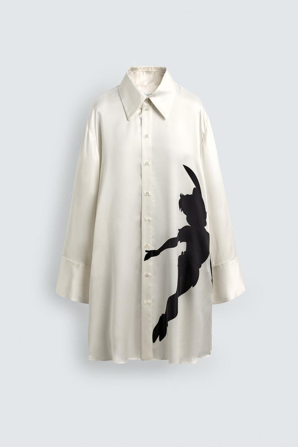 ZARA HARRY LAMBERT X DISNEY РУБАШКА ОВЕРСАЙЗ ИЗ 100% ШЕЛКА С ПРИНТОМ «ПИТЕР ПЭН», БЕЛЫЙ/ЧЕРНЫЙ