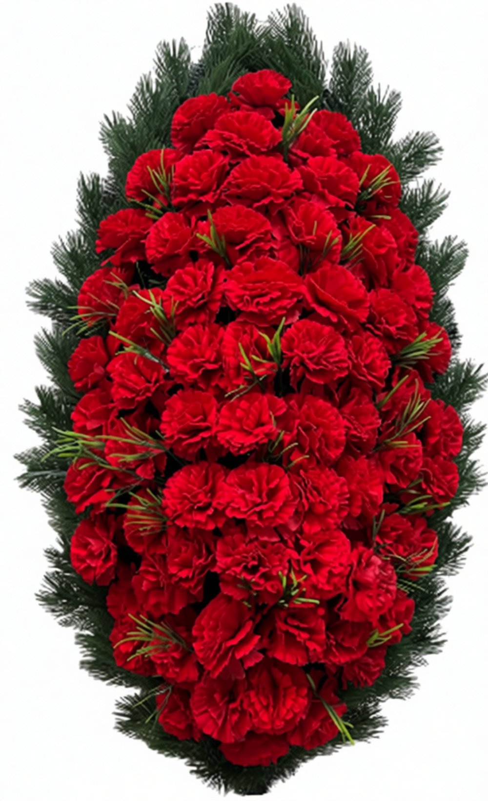 Венок на похороны из искусственных красных гвоздик с зеленью