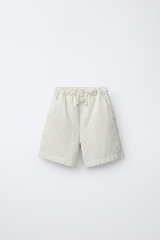 ZARA ХЛОПКОВЫЕ ШОРТЫ-БЕРМУДЫ С ЭЛАСТИЧНЫМ ПОЯСОМ, ЭКРЮ