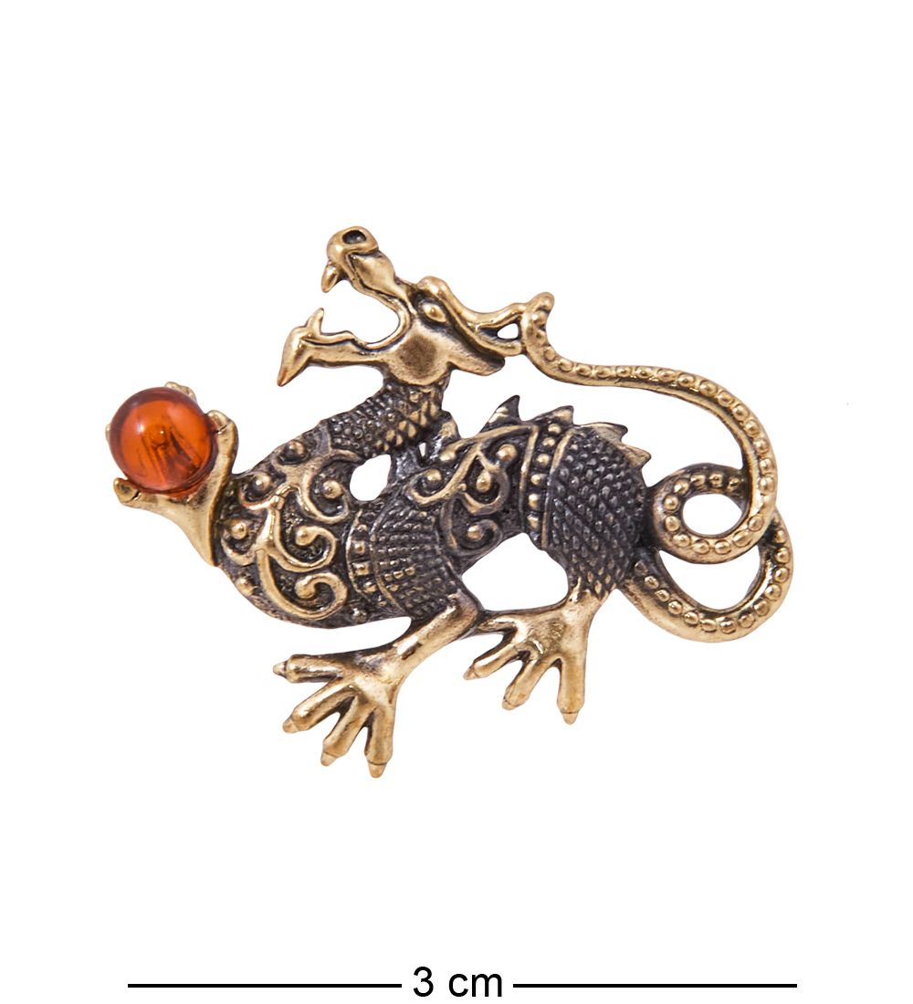 AM-3833 Брошь «Дракон Индийский» (латунь, янтарь)