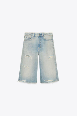 ZARА ДЖИНСОВЫЕ ШОРТЫ-БЕРМУДЫ TRF СВОБОДНОГО КРОЯ С ДЫРАМИ, СИНИЙ