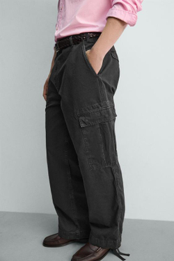 ZARA БРЮКИ КАРГО RELAXED FIT С ЭФФЕКТОМ ПОТЕРТОСТИ, НЕФТЯНОЙ