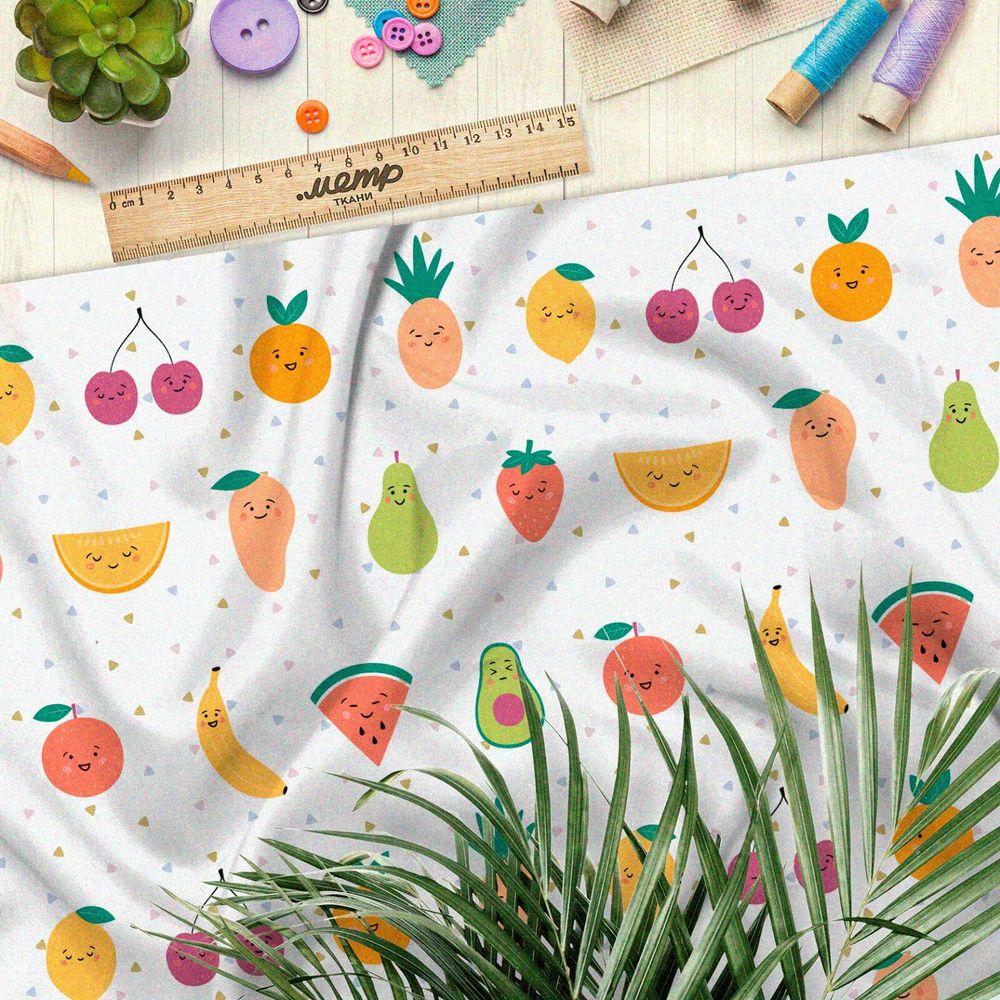 Ткань оксфорд 210 сочные фрукты и овощи на белом фоне