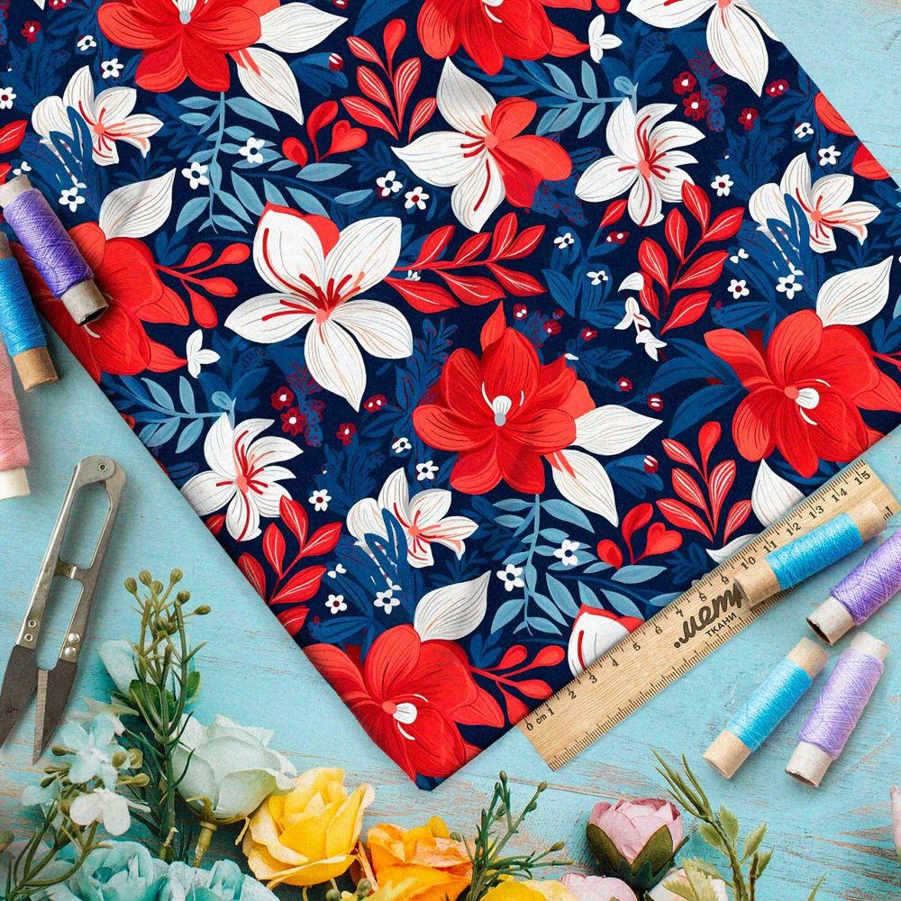 Ткань премиум габардин цветочный триколор