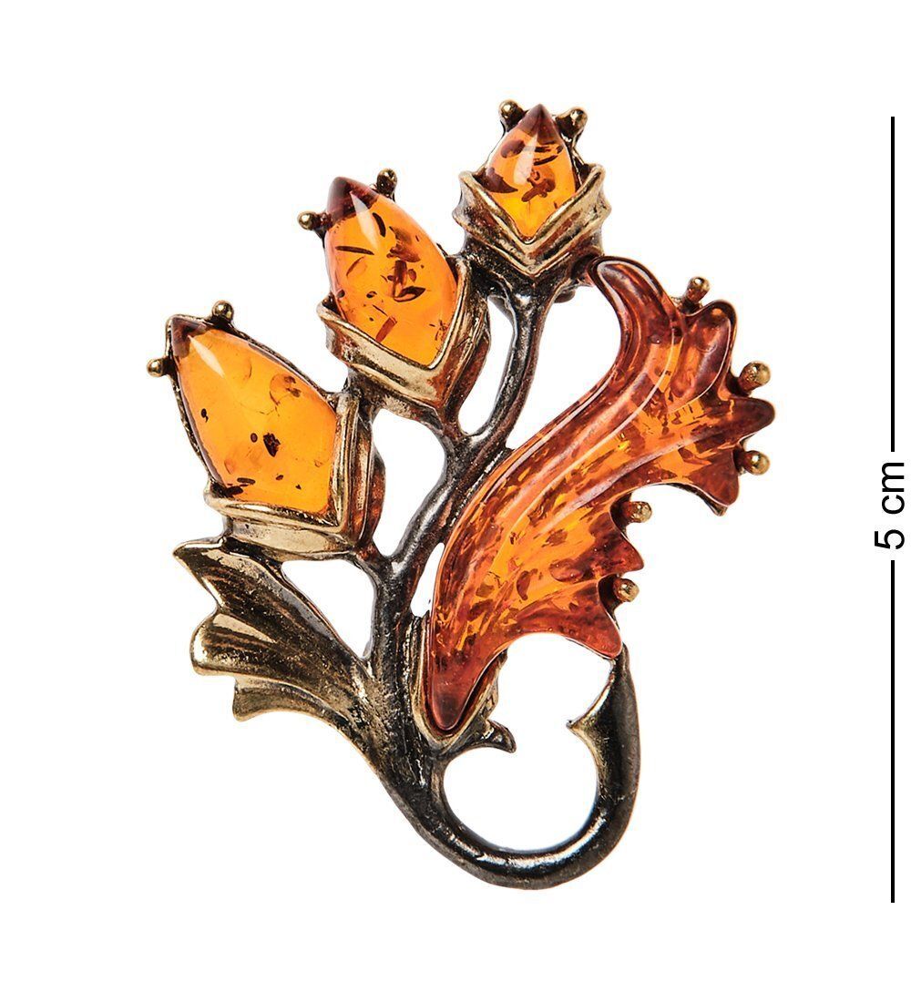 AM-2606 Брошь «Колокольчик трио» (латунь, янтарь)