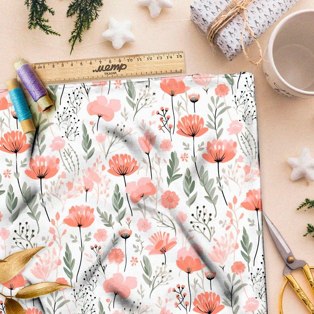 Ткань премиум габардин красные полевые цветочки