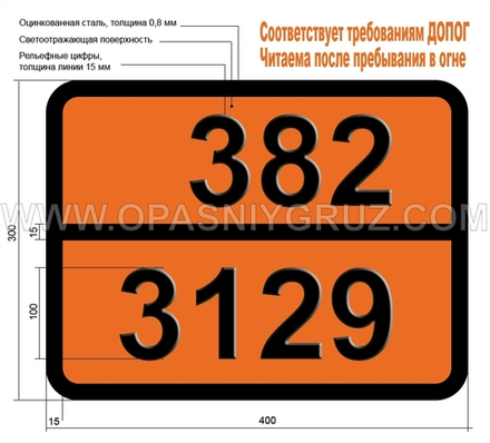 Табличка Опасный груз 382-3129 РЕАГИРУЮЩАЯ С ВОДОЙ ЖИДКОСТЬ КОРРОЗИОННАЯ Н.У.К.