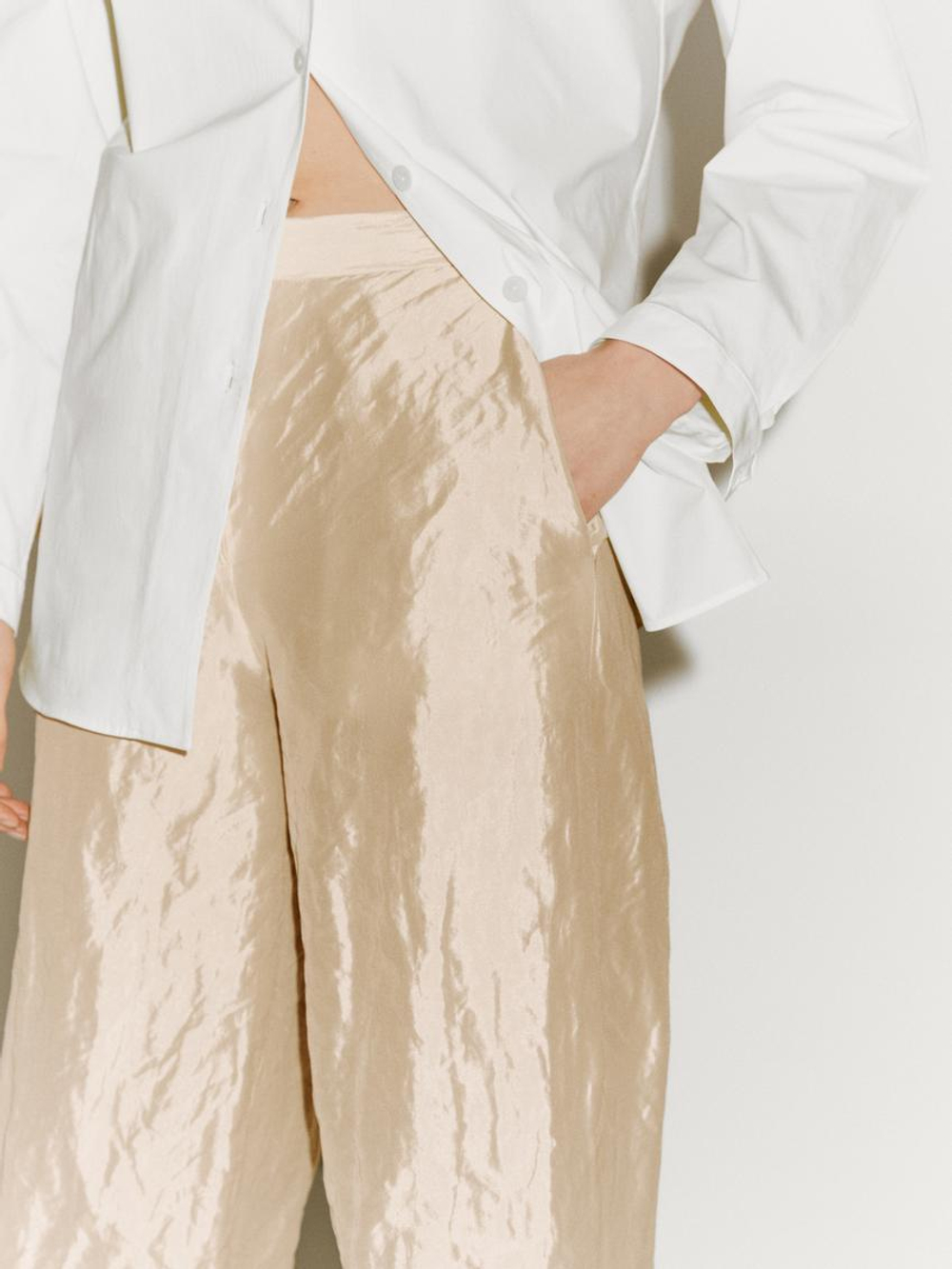 Massimo Dutti Брюки из фактурного атласа с прямыми штанинами - Limited Edition, жемчужно-серый