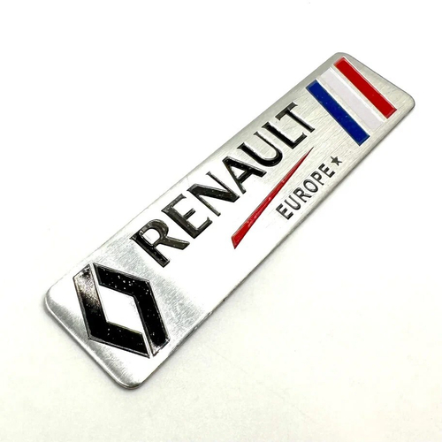 Наклейка Renault Europe объемная полиуретановая прямоугольная (шильдик Рено, 12х3см). Серебристая с флагом Франции