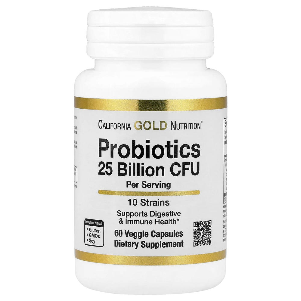 California Gold Nutrition, пробиотики с ацидофильными лактобактериями, бифидобактериями лактис, лактобактериями плантарум и лактобактериями казеи, смесь из 10 штаммов, 25 млрд КОЕ, 60 вегетарианских капсул