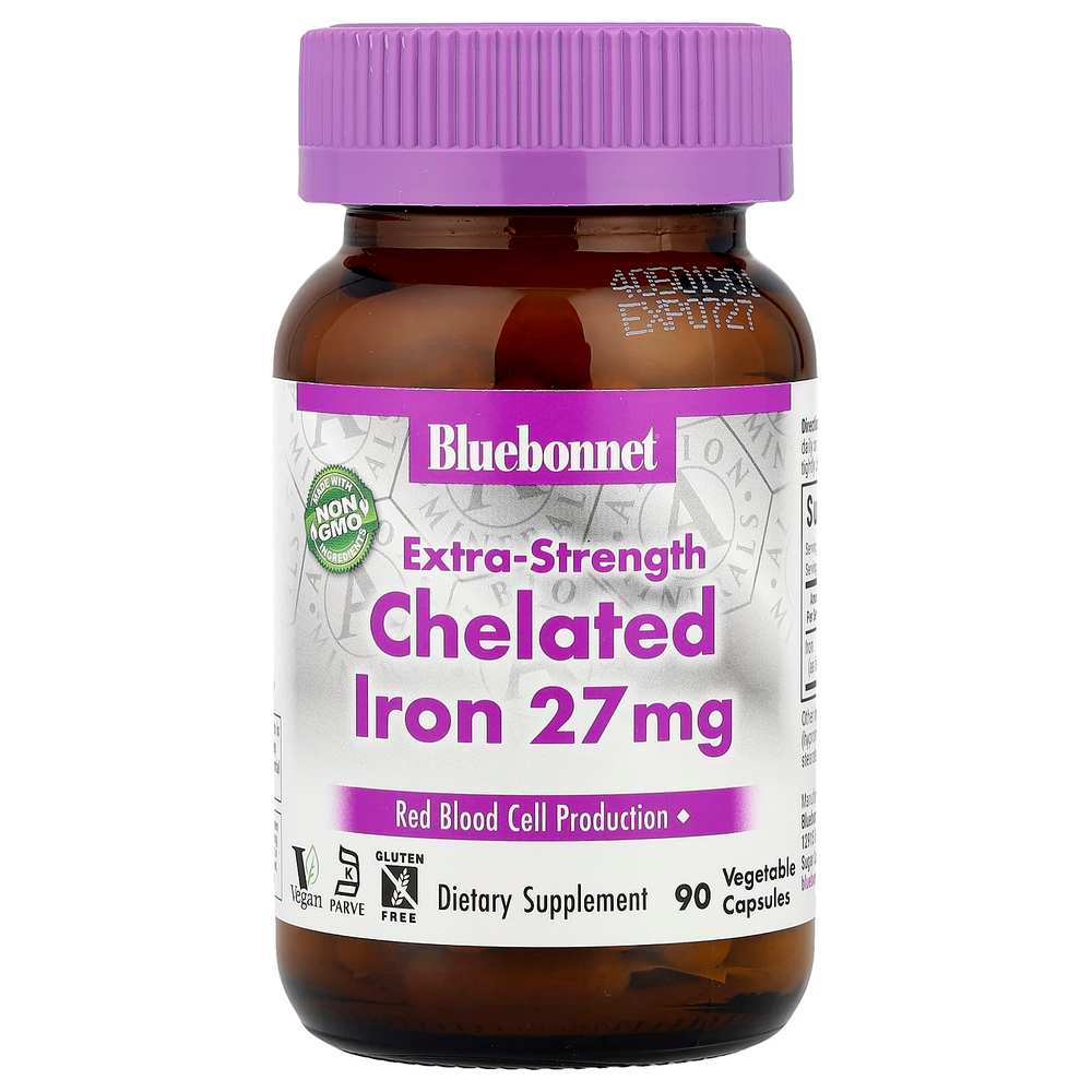 Bluebonnet Nutrition, хелатное железо, повышенная сила действия, 27 мг, 90 растительных капсул