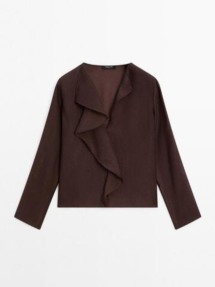 Massimo Dutti Рубашка с воланами и V-образным вырезом, коричневый