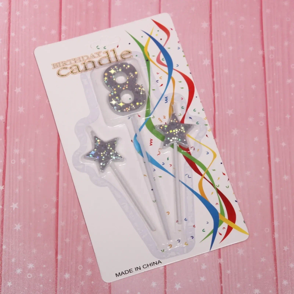 Свеча для торта Цифра Звёздное сияние «8» 16 см (набор 3шт), серебро