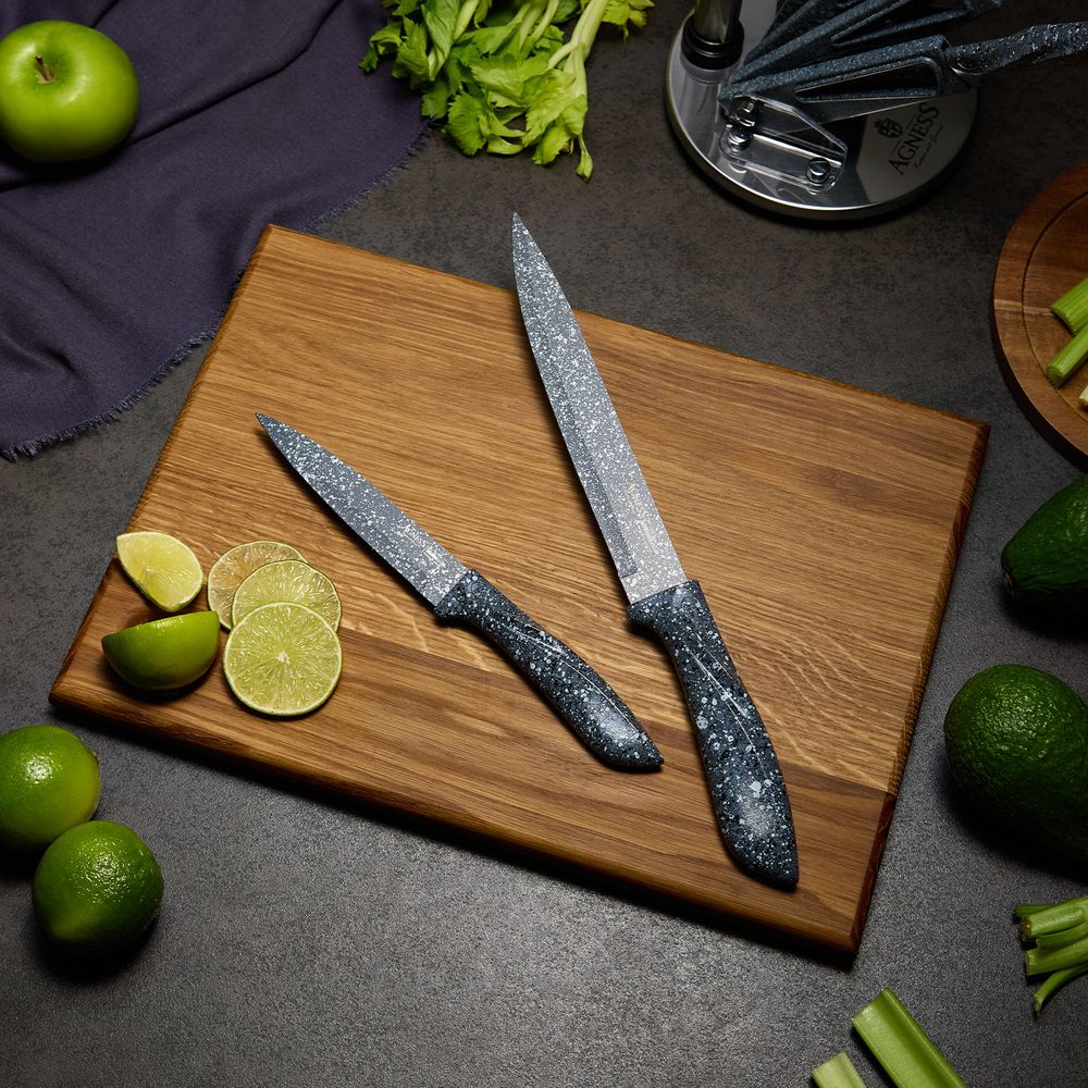 НАБОР НОЖЕЙ AGNESS "МОНБЛАН" С НОЖНИЦАМИ И МУСАТОМ НА ПЛАСТИКОВОЙ ПОДСТАВКЕ, 8 ПРЕДМЕТОВ