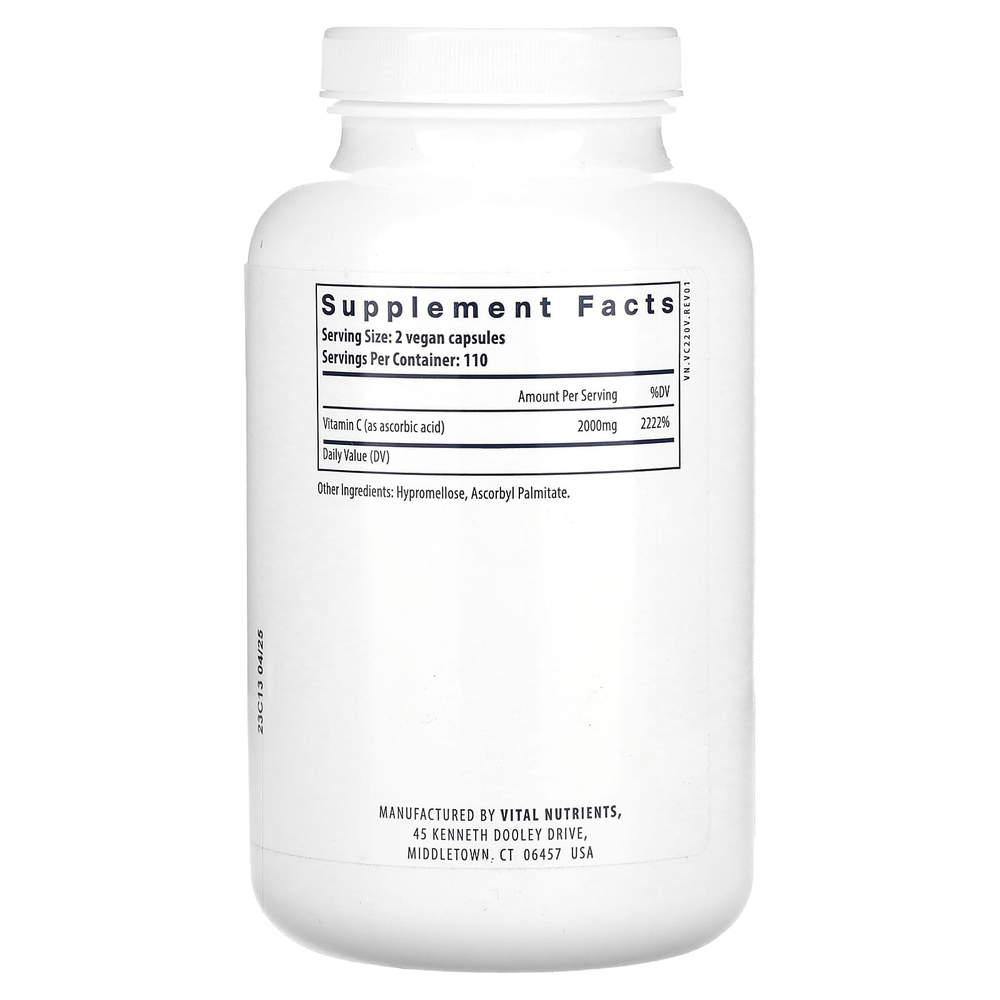 Vital Nutrients, чистая аскорбиновая кислота с витамином C, 220 веганских капсул