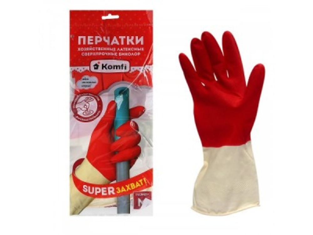 Перчатки латексные хозяйственные размер М БИКОЛОР СВЕРХПРОЧНЫЕ белый+красный