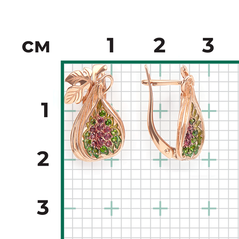 Серьги «Инжиры» с английским замком из красного золота с гранатами, хромдиопсидами и эмалью