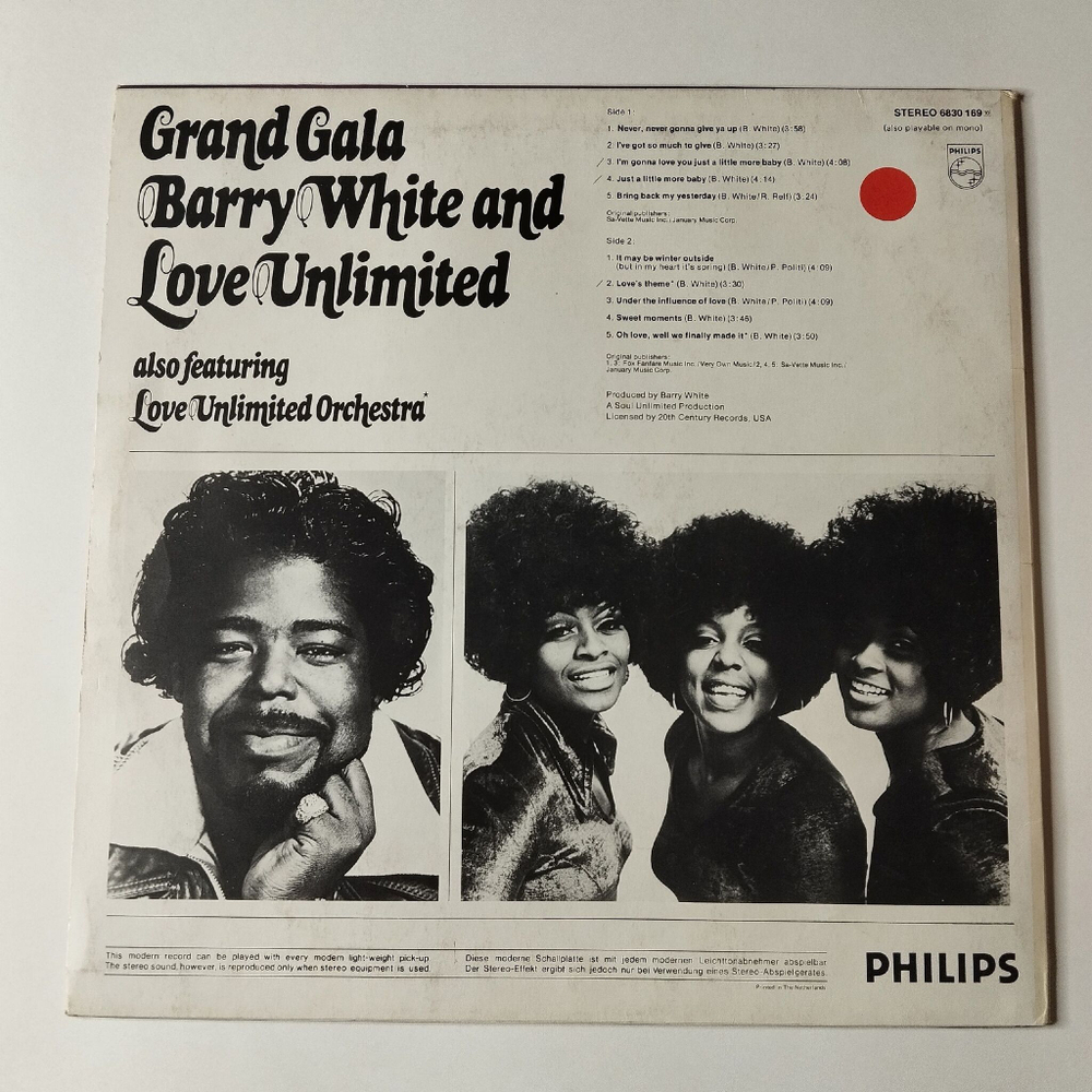Винтажная виниловая пластинка LP Barry White And Love Unlimited Grand Gala Never, Never Gonna Give Ya Up (Holland 1973)