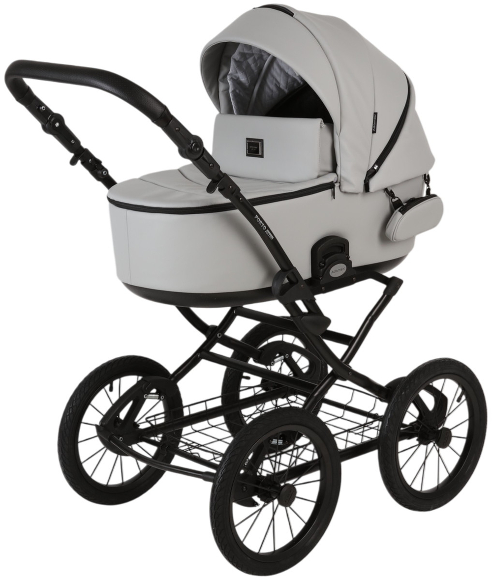 Детская коляска Adamex Porto Retro Deluxe 2 в 1 PO-SA03 BLACK (СВ. СЕРАЯ КОЖА)