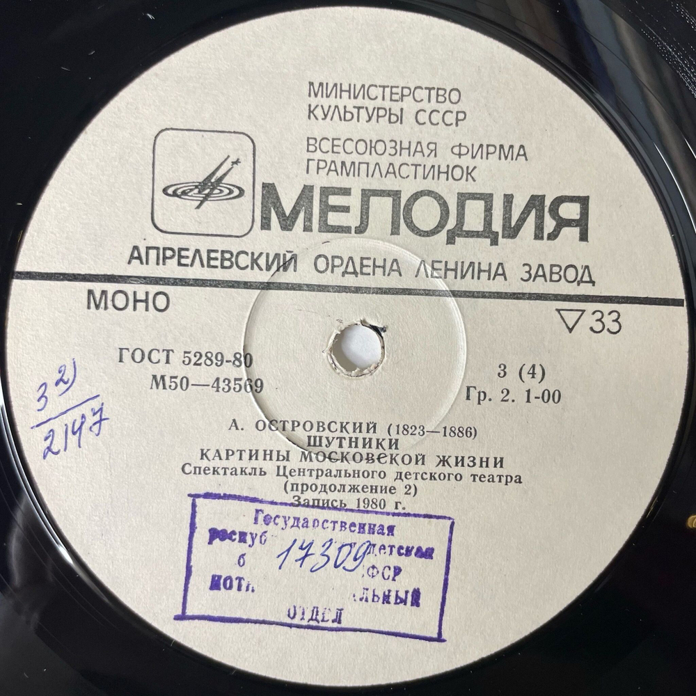 Винтажная виниловая пластинка LP А. Островский Шутники Картины Московской Жизни (СССР 1983)