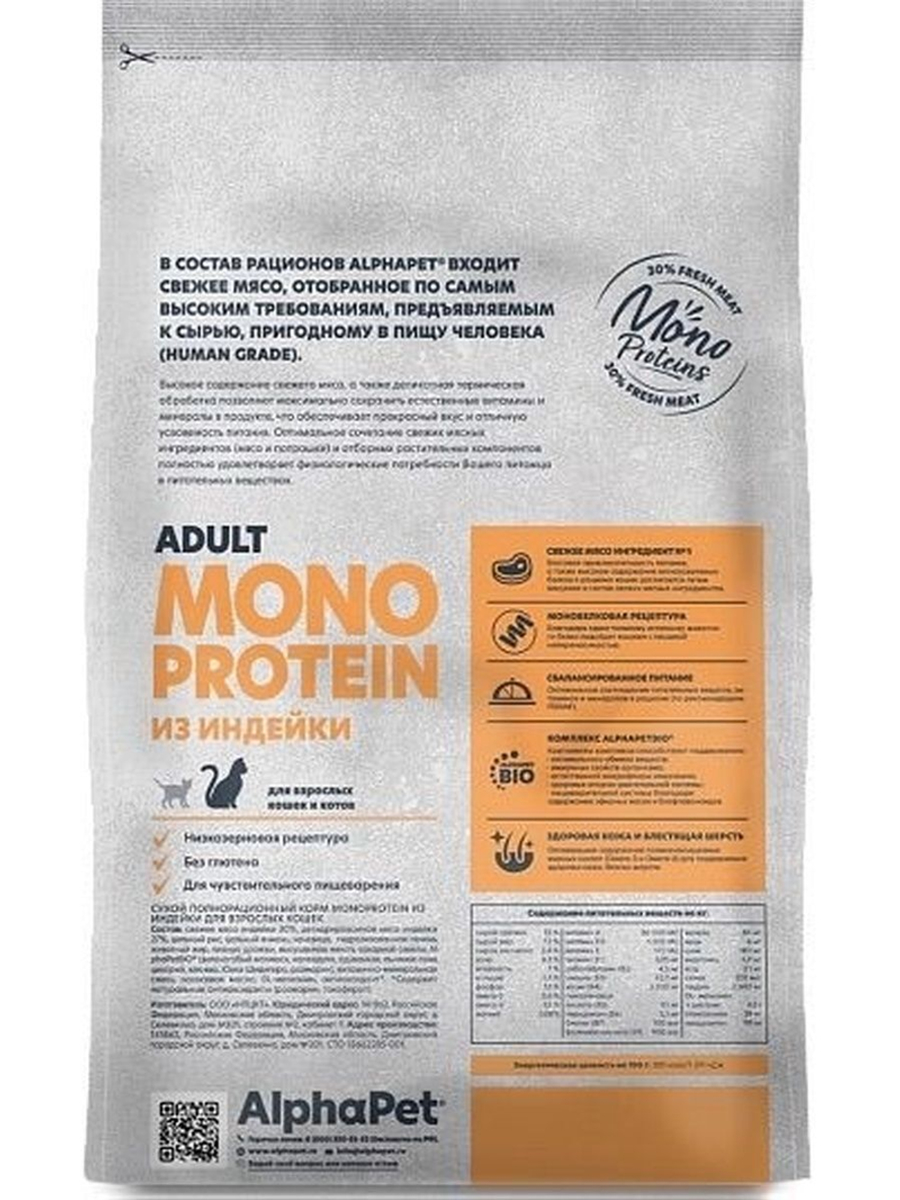 Корм для кошек премиум сухой AlphaPet Superpremium Monoprotein для взрослых животных, с индейкой, 1,5 кг