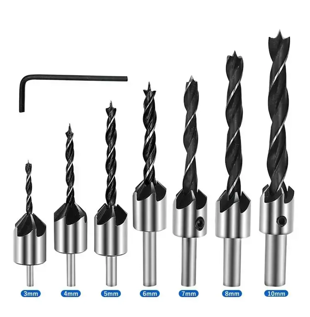 Сверла с зенкером по дереву Набор 7 шт. (3мм, 4мм, 5мм, 6мм, 7мм, 8мм, 10мм)