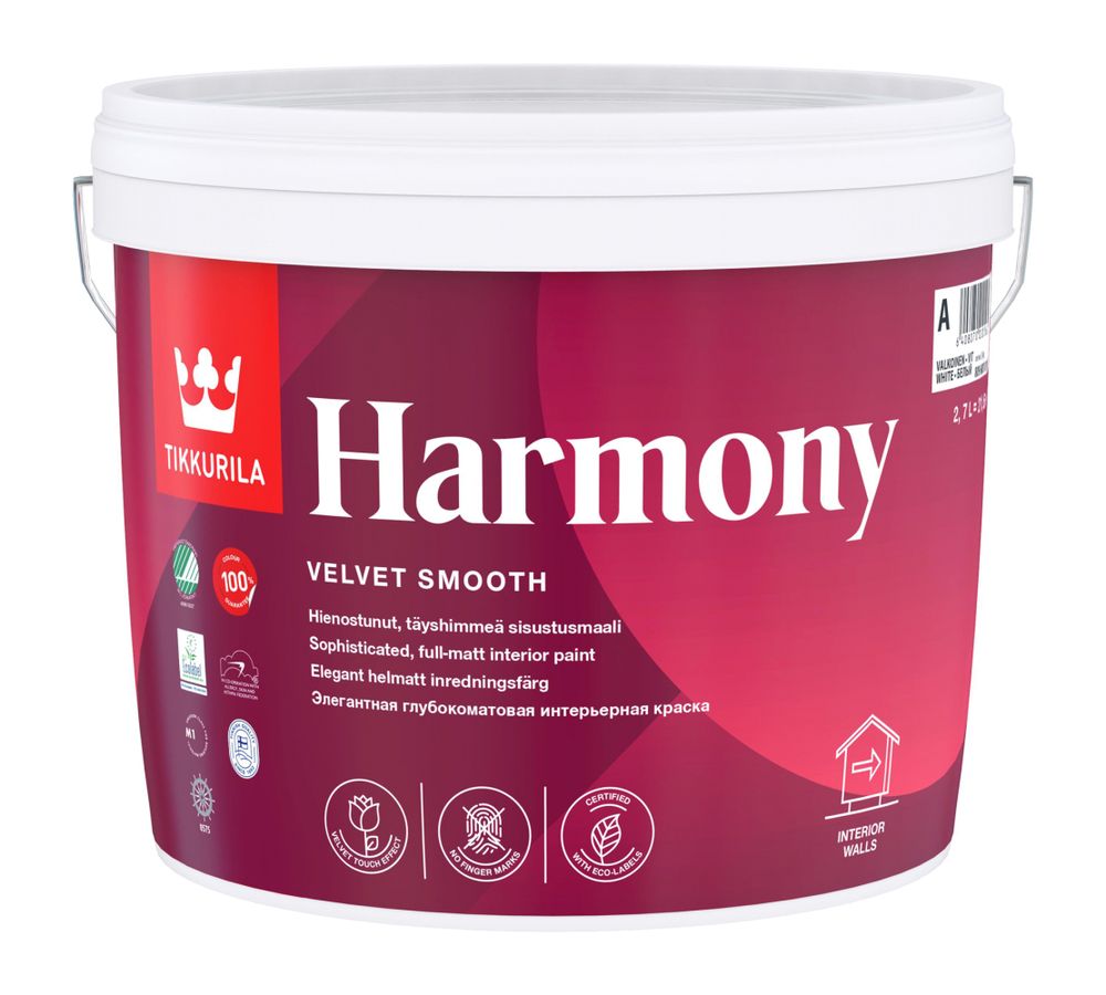 Tikkurila Harmony,Интерьерная глубокоматовая экологичная краска, придающая поверхности бархатистый эффект,база А, белая, 2,7л