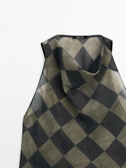 Massimo Dutti Топ с узором в клетку, драпировкой и горловиной халтер, темный хаки