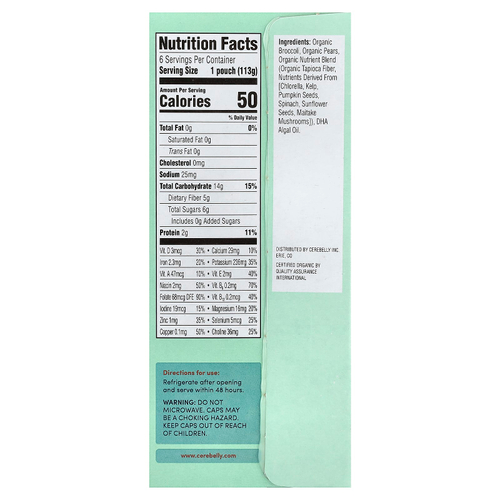 Cerebelly, органическое пюре, для детей от 6 месяцев, брокколи и груша, 6 пакетиков по 113 г (4 унции)