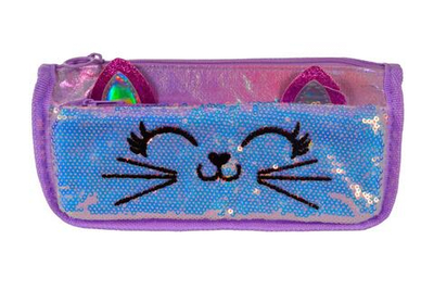 Пенал "Киски" 21*6*8,5см, 2 отд., пайетки, ушки, 3 вида микс