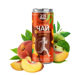 Черный чай «Колд брю» Персик 28SEEDS в банке на фоне ломтиков персика