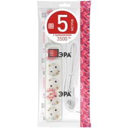 Удлинитель электрический ЭРА U-4es-5m-3x1 с заземлением с выключателем 4 розетки 5м ПВС 3x1мм2 16А | Бытовые удлинители