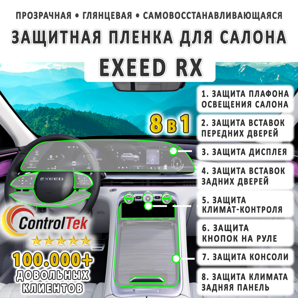 EXEED RX (2023) - комплект защитных пленок 8 в 1. Пленка защитная ControlTek HYBRID со слоем TOP COAT. Толщина: 6 mil. (175 мкм.)
