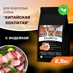 Корм сухой для взрослых собак породы Китайская хохлатая, с индейкой, 2,5 кг, QUATTRO