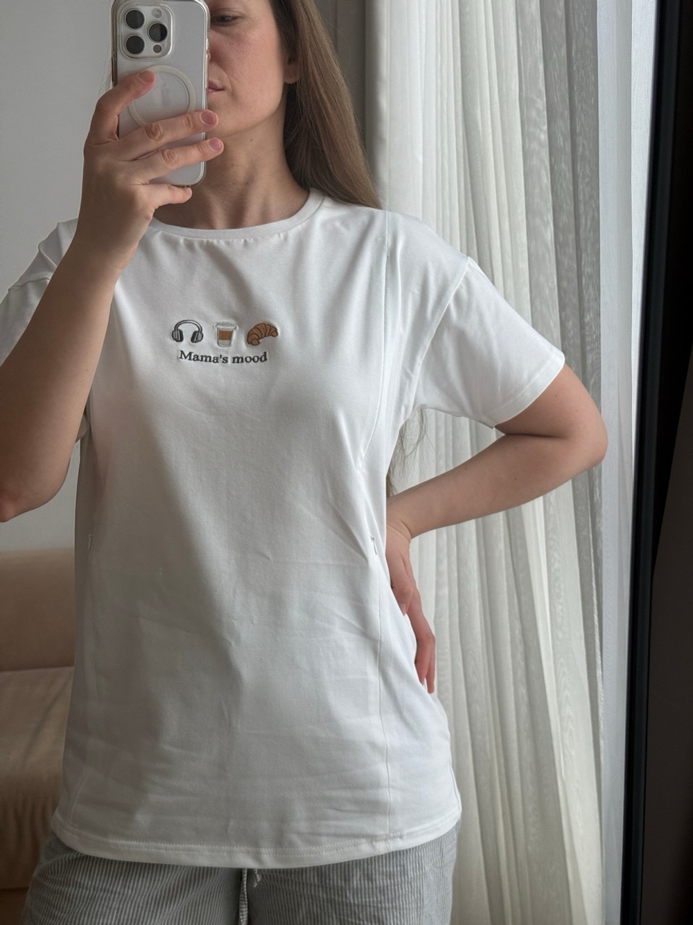 Футболка оверсайз с вышивкой для беременных и кормящих мам, Айвори