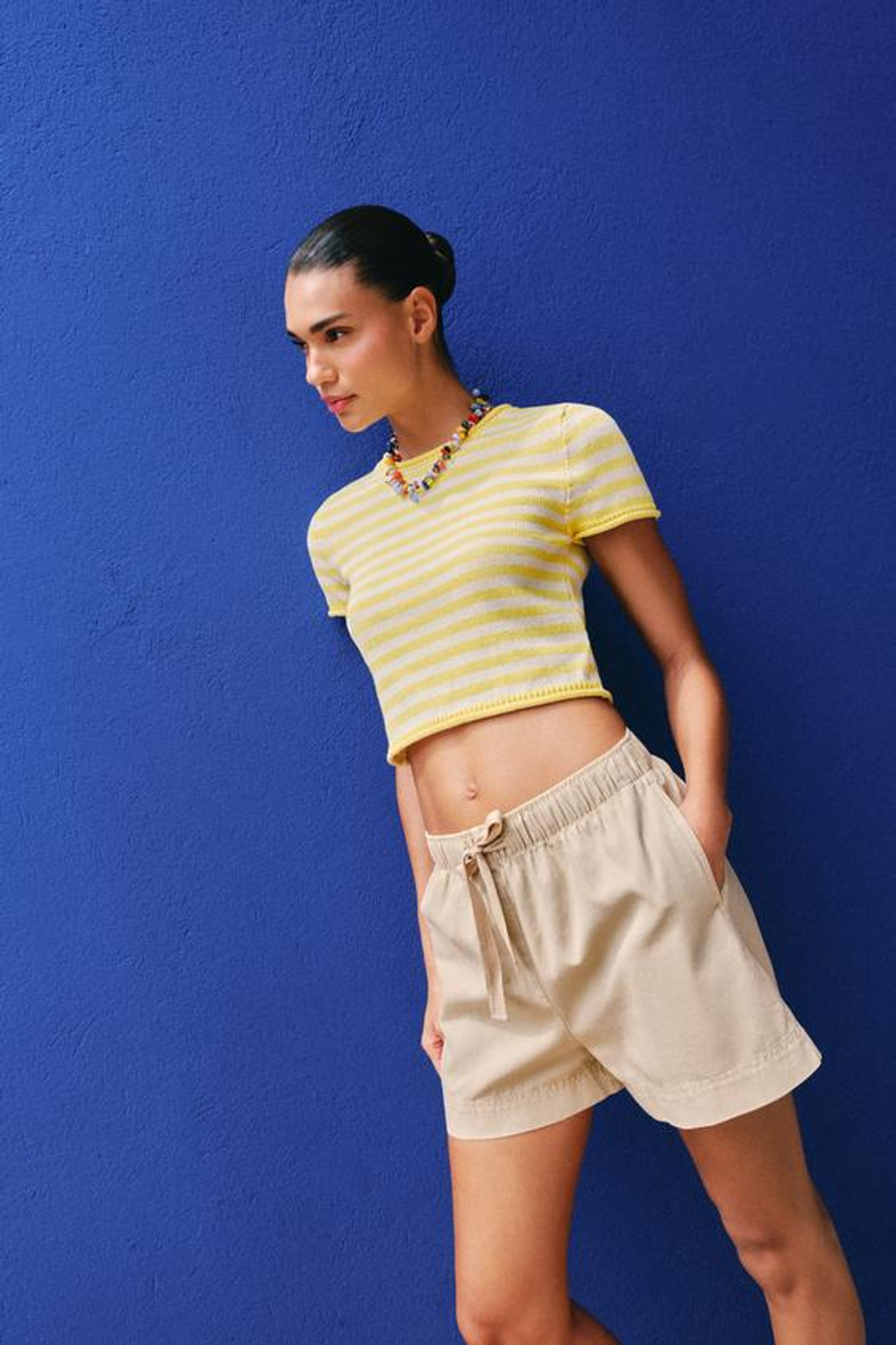 ZARA ШОРТЫ ИЗ 100% ХЛОПКА С ЭЛАСТИЧНЫМ ПОЯСОМ, ПЕСОЧНЫЙ