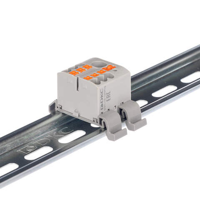 Блок распределительный с гориз. адаптером на рейку шириной 35мм, зажим push-in, 1 ввод 6 кв.мм, 4 точки подключения 2,5 кв.мм, красный