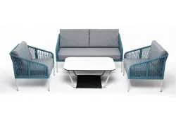 "Канны" лаунж-зона 4-местная из роупа со столом "Гранада" (молочный), каркас алюминиевый светло-серый, роуп бирюзовый